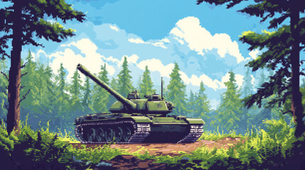 Obraz premium 2d pixel art of tank on the forest, war weapon, game art, military, 16-bit, 32-bit