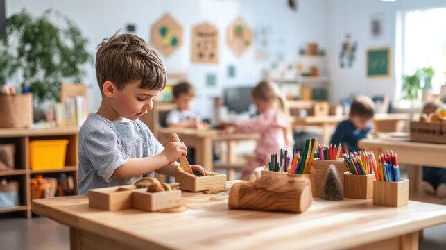 A Montessori classroom with young children engaging in hands-on learning activities, using sensory learning tools and eco-friendly school supplies