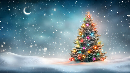 Fototapeta premium Magical snow-covered Christmas tree with colorful lights in a serene winter scene, crescent moon and stars illuminating the snowy landscape