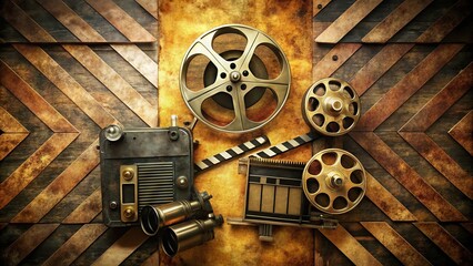 Obraz premium A retro-style clapperboard is centered on a grungy, filmstrip-patterned background, surrounded by classic cameras and
