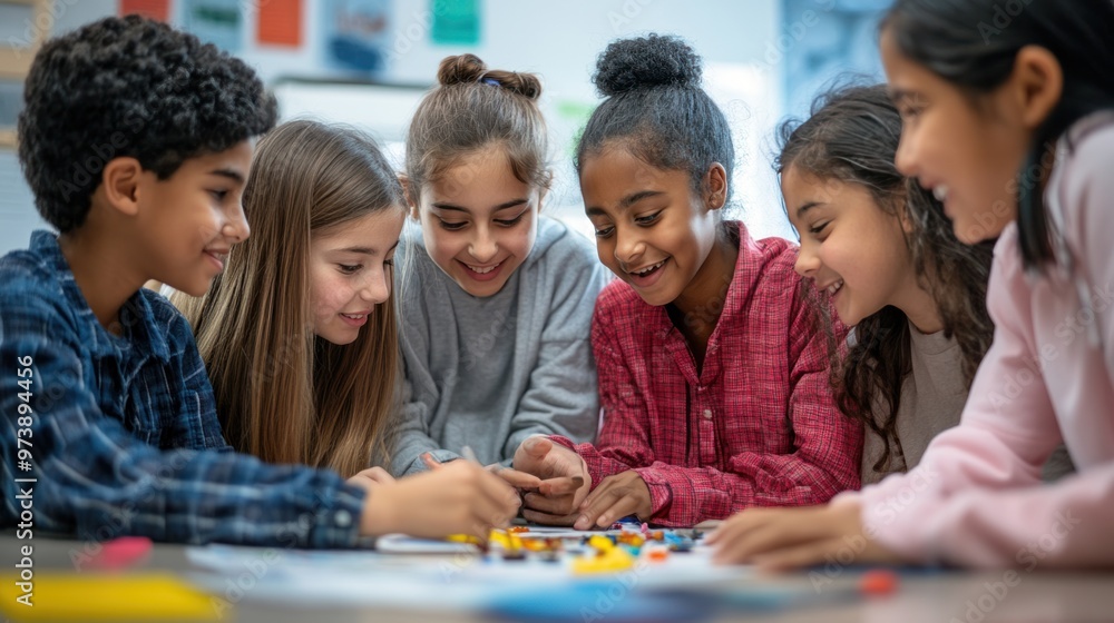 Poster a positive learning environment where students of different backgrounds are collaborating on a group
