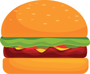 Fresh tasty burger with beef patty, salad, cheese and tomato between buns, showing an appetizing meal