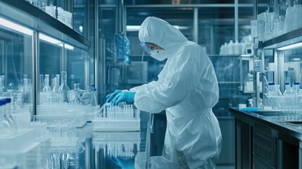 A scene of a sterile production process in a pharmaceutical lab, featuring a technician in protective clothing working under sterile laboratory conditions with advanced equipment