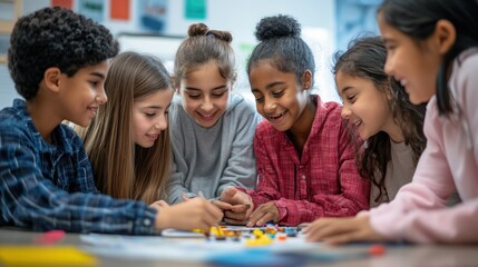 A positive learning environment where students of different backgrounds are collaborating on a group project, fostering inclusivity and teamwork