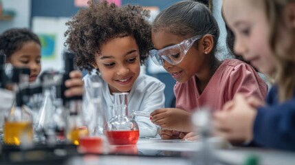 A scene of children collaborating on a science experiment in a bright, inclusive classroom, demonstrating teamwork and engaged learning