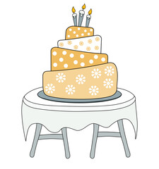 Birthday cake with candle on it. Dessert for birthday celebration on the table. Isolated illustration over white background in flat cartoon style