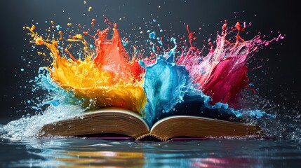 Obraz premium Open book with a vibrant splash of colorful paint flying out, creating a dynamic and imaginative scene with bright, vibrant colors.
