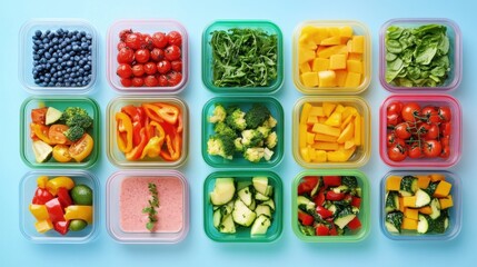 Vibrant Meal Prep Containers for a Week of Clean Eating under Bright Overhead Lighting