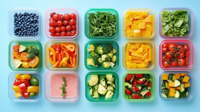 Vibrant Meal Prep Containers for a Week of Clean Eating under Bright Overhead Lighting