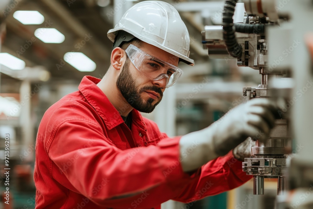 Poster expert mechanic fine-tuning advanced robotic technology in a modern industrial setting