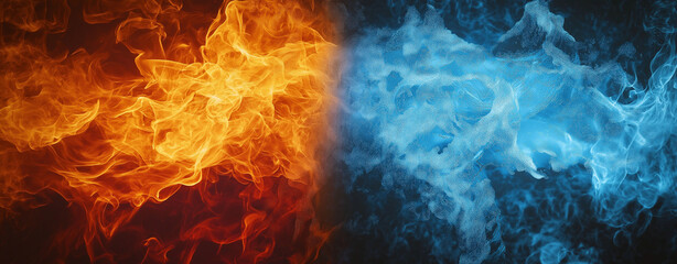 Obraz premium Fiery Flames and Splashing Water on Black Background - Dynamic Contrast of Opposite Energies - Abstract Concept of Fire and Water Interaction