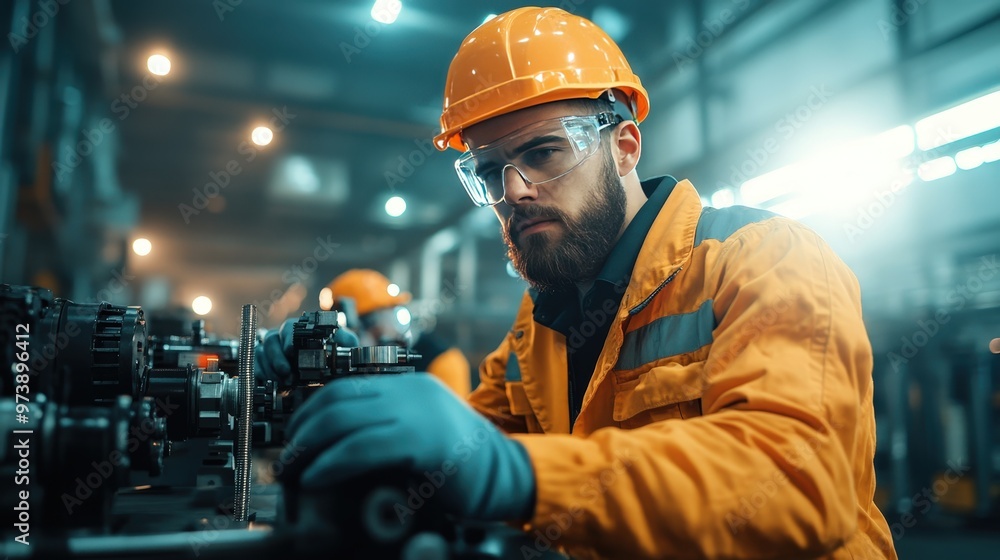Poster expert technicians collaborating in a high-tech mechanic workshop for precision inspection tasks.