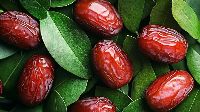 close-up of ripe, glossy dates resting on vibrant green leaves, highlighting their natural texture and freshness.