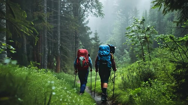 Travelers in rain gear hiking through dense forest, misty air, overcast sky, copy space, serene mood,