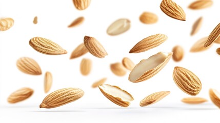Obraz premium almond slices fliying on a white background