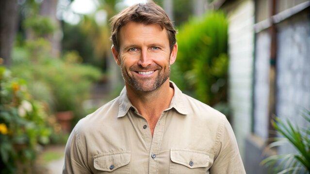 A rugged, smiling Australian man in his 40s, with a strong jawline and short brown hair, wearing a