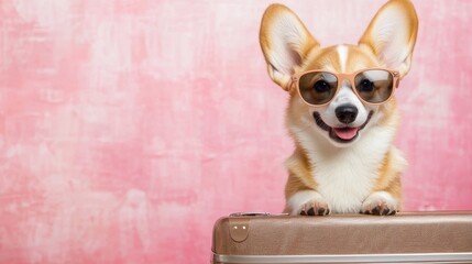 Happy Dog Wearing Sunglasses on Suitcase Ready for Travel