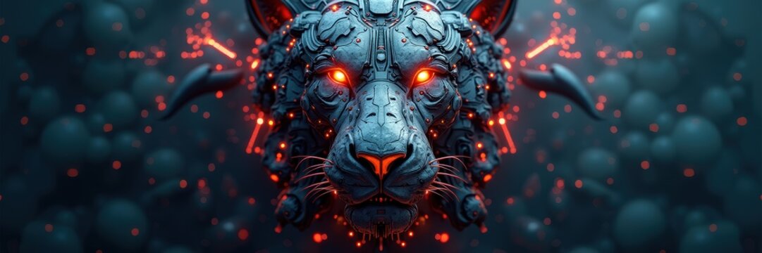 An abstract, cybernetic tiger head with glowing eyes, merging technology and wildlife. Perfect for tech, wildlife conservation, and digital art projects.