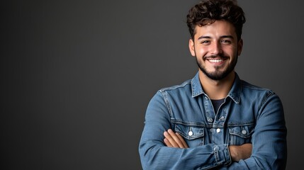 Fototapeta premium Portrait of a Smiling Man Wearing a Denim Jacket