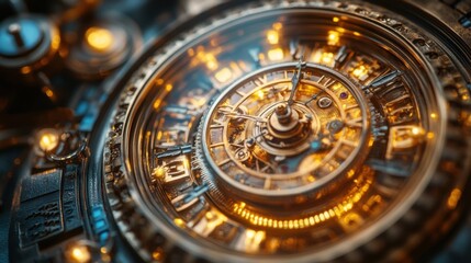 A journey of lights winding through different eras of clocks and timepieces from sundials to digital clocks. Isolated on white.