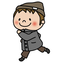 冬にニット帽をかぶって走っている子供（男の子）