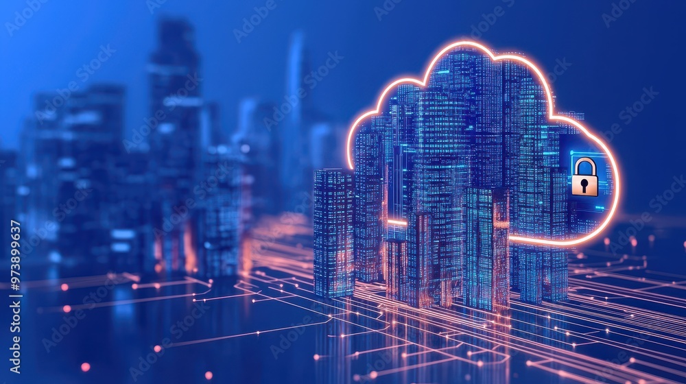 Poster secure cloud computing cityscape with lock symbol