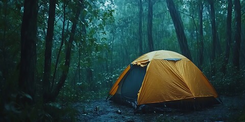 A single, orange tent stands alone in a dense forest, with heavy rain pouring down around 
