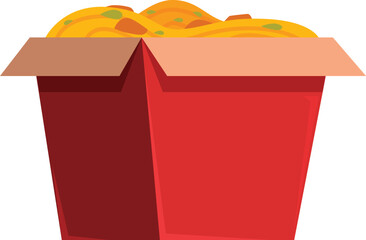Open red cardboard box full of wok noodles with vegetables and chicken isometric view isolated on white background