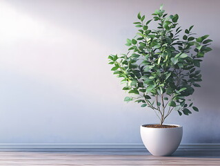 Green plants in white pots on a wooden floor in front of a white wall give a sense of nature, peace and balance. Suitable for interior decoration or wallpaper that emphasizes a relaxing atmosphere.