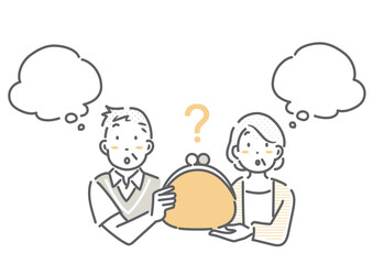 お金のことを考えるシニア夫婦　シンプルでお洒落な線画イラスト