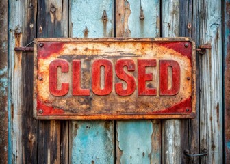 A rusty metal sign with bold red letters on a worn wooden door, reading "Closed" in capital letters,