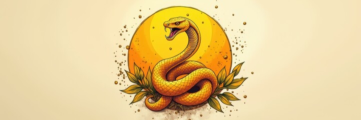 Fototapeta premium A vibrant illustration of a snake coiled around a sun, symbolizing power and transformation. Perfect for wildlife, nature, or spiritual themes.