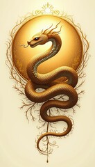 Fototapeta premium A beautifully illustrated golden dragon entwined with elegant branches, symbolizing strength, wisdom, and transformation. Perfect for beauty, wellness, and cultural themes.