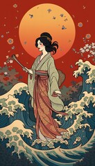 Fototapeta premium A stunning illustration of a woman in traditional Japanese attire, surrounded by waves and cherry blossoms, set against a bold, red sun.