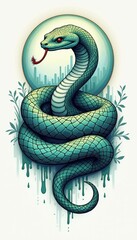 Obraz premium A stylized green snake encircles itself, adorned with foliage and a subtle drip effect, perfect for branding, tattoo design, or eco-themed graphics.