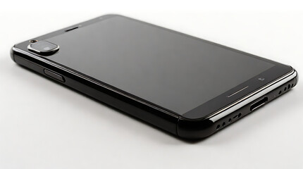 A sleek black smartphone lying flat on a plain white isolated background