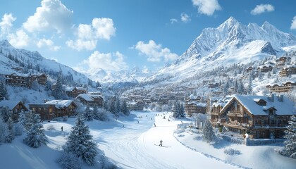 A breathtaking winter landscape featuring snow-covered mountains, cozy cabins, and skiers enjoying the pristine slopes.