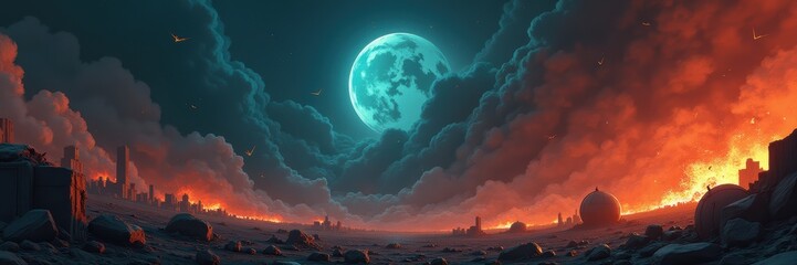 A mesmerizing digital artwork depicting a dramatic alien landscape with a glowing moon, fiery skies, and ruins, ideal for sci-fi and fantasy themes in various creative projects.