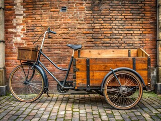 A rusty, retro-style cargo bicycle with wooden slats and worn tires stands against a faded brick wall, evoking
