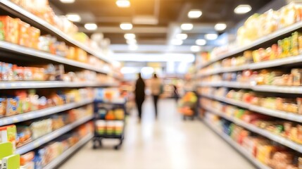 A blurred view of a grocery store aisle filled with colorful product shelves, creating a vibrant shopping atmosphere.