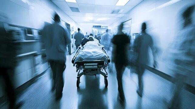 A blurred scene of a bustling hospital corridor with medical staff attending to a patient on a stretcher.