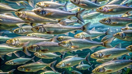 A school of silvery alewife fish swim together in unison, their shimmering scales catching light as they migrate