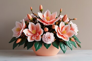 Obraz premium Whimsical 3D Flower Arrangement of Azalea and Magnolia in Peach for Seasonal Beauty