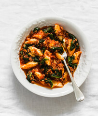 Potato gnocchi with bolognese sauce and spinach - a delicious lunch on a light background, top view