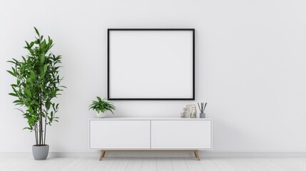 White Cabinet Mockup with Black Frame and Plants