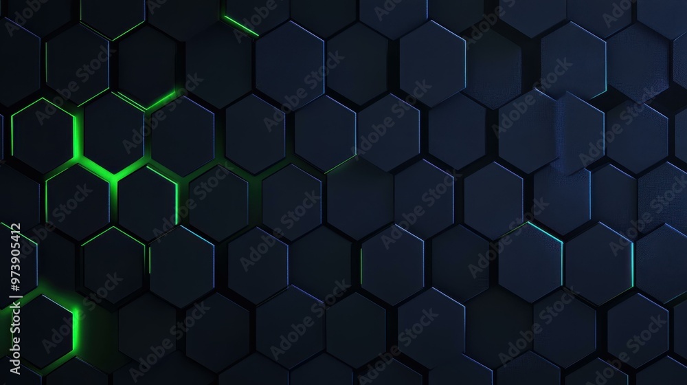 Poster dive into an abstract world with a dark hexagonal background, highlighted with vibrant blue and gree