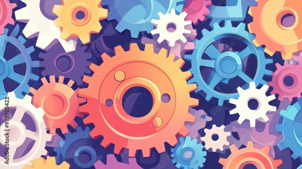 Poster explore innovative concepts and ideas in hitech digital technology, driven by cog and gear mechanism