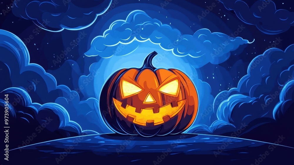 Poster A spooky pumpkin lantern shines bright against a dark sky with stormy clouds, casting eerie vibes on a clean background.