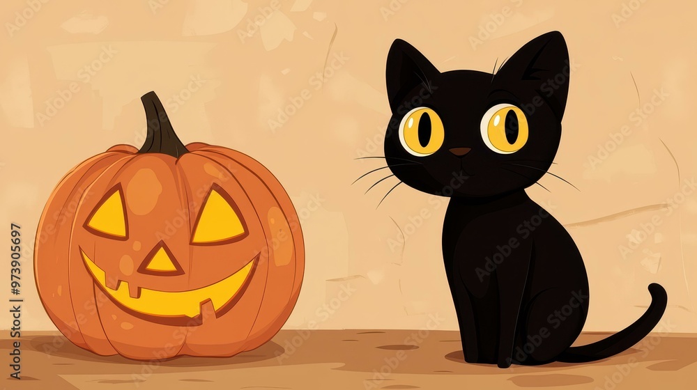 Poster A sleek black cat with bright yellow eyes sits beside a carved pumpkin, perfect for a festive Halloween vibe.