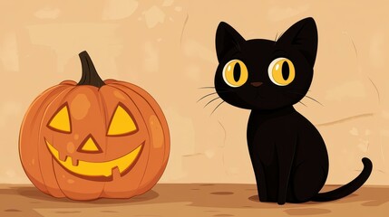A sleek black cat with bright yellow eyes sits beside a carved pumpkin, perfect for a festive Halloween vibe.